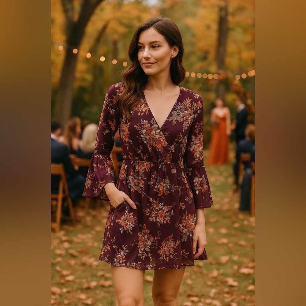 Miami Floral Mini Dress S Purple Bell Sleeve Pockets Boho Fall Wedding Fairycore - Picture 7 of 13
